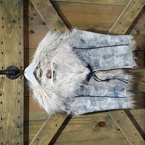COPPER CREEK MARBLE BLUE VEST FAUX FUR  REAL LEATHER BOHO CHIC CITY GIRL WESTERN